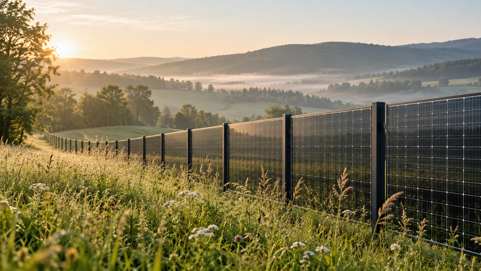 Concept of a vertical solar fence beside a European meadow at sunrise