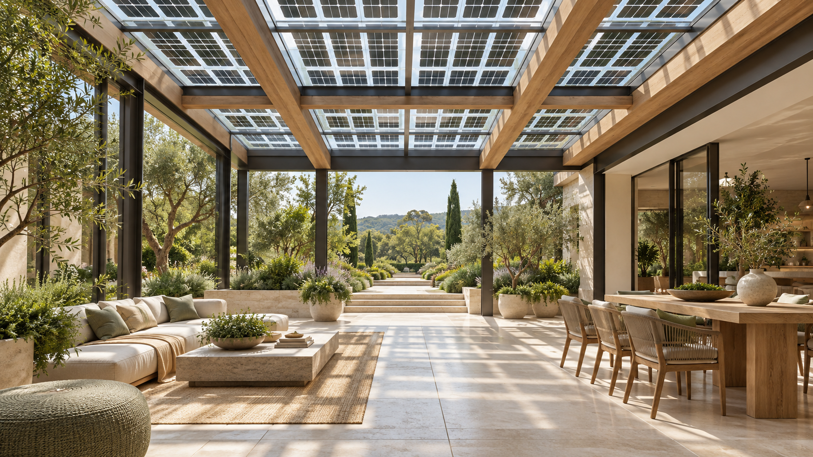 Concept of a timber courtyard beneath a light-transmitting solar glass canopy